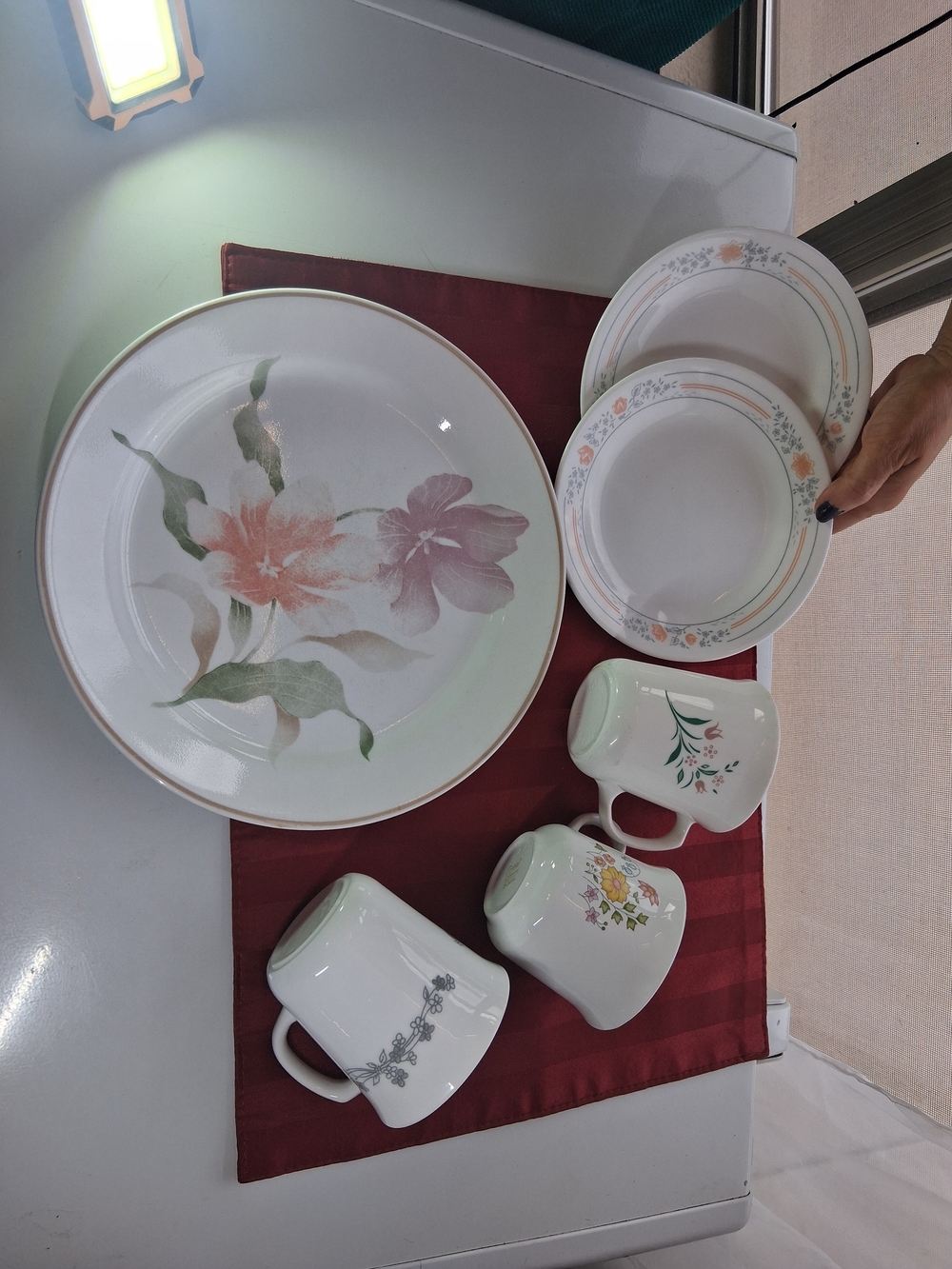 Floral Porcelain Dinner Plate and Mug Set - White with Pink & Green Accents